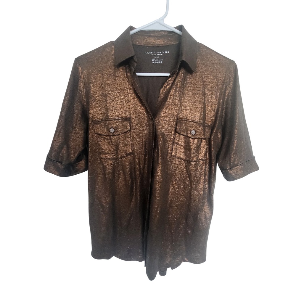 Majestic Filatures Bronze Metallic Linen Button Down Shirt Short Sleeve Size‎ 1